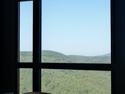 View of a calm landscape from a window.